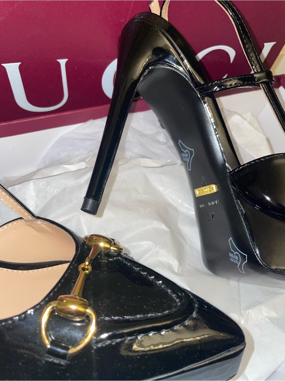 Gucci Black Patent Leather Horsebit Slingback Pumps GG size 7 high heels - Picture 7 of 14